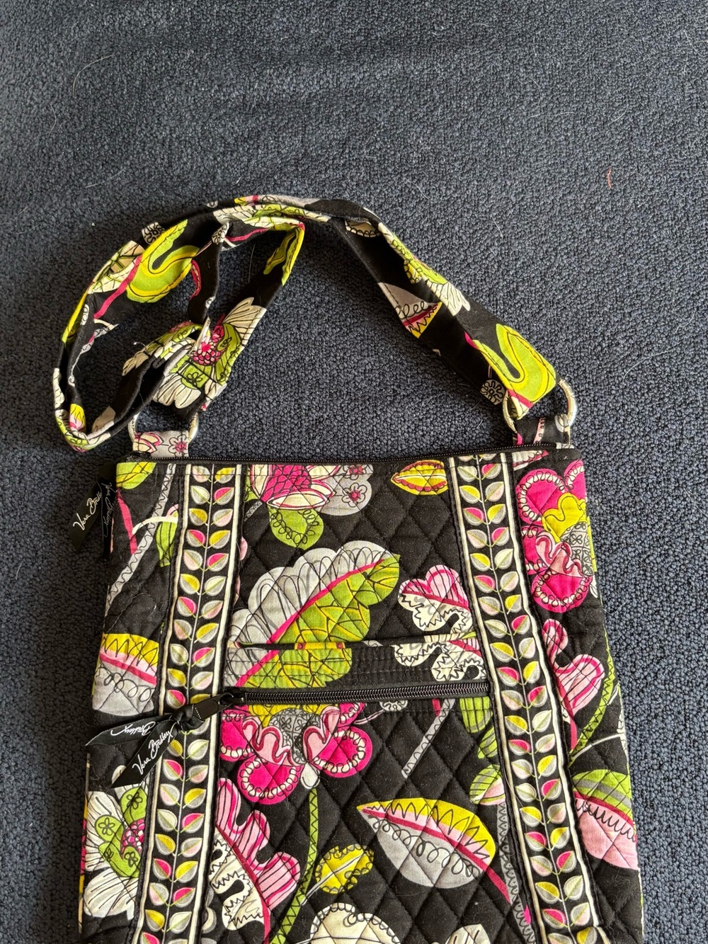 Vera Bradley Black Quilted hipster Crossbody bag  with Pink & Lime Floral Print